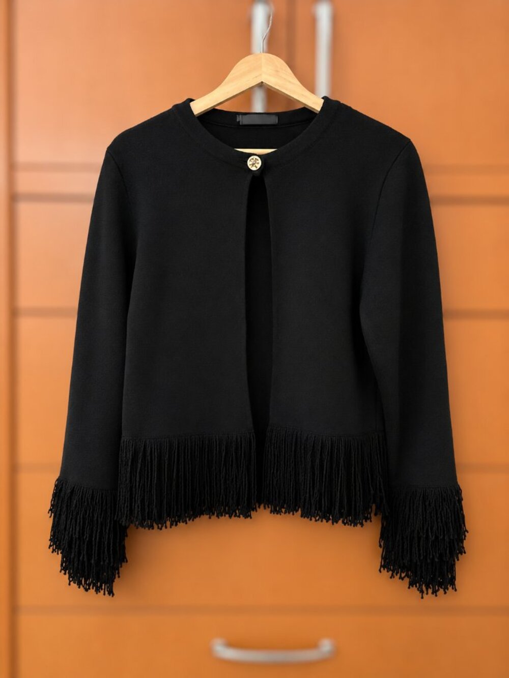 Zara Black Textured Fringe Trim Jacket Gold Button XL NWT
